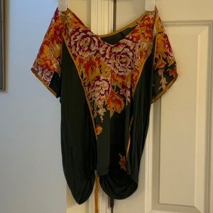 Anthropologie Green Yellow Orange Floral Double V-neck top XS Excellent